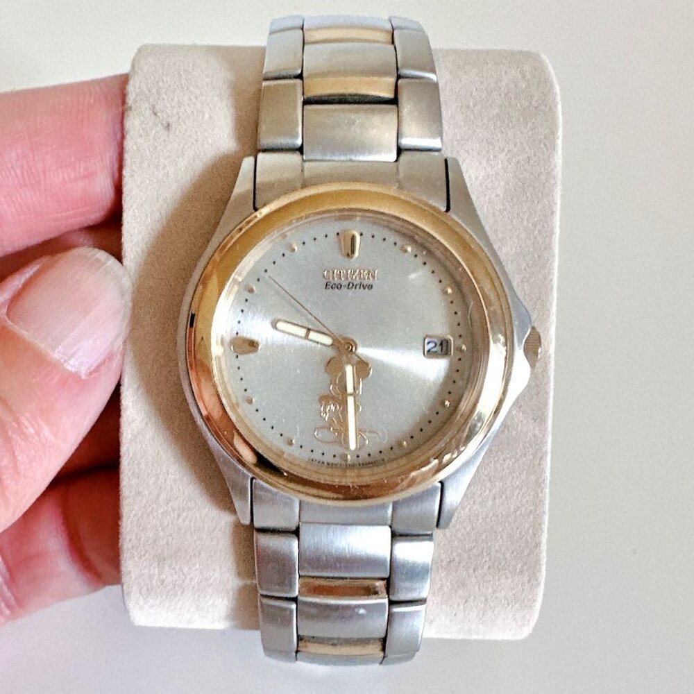 CITIZEN MICKEY MOUSE ECO DRIVE WRIST WATCH JAPANESE MOVEMENT DATE GOLD & SILVER